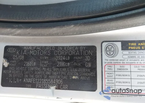 2008 Kia Spectra Ex z USA, uszkodzony, nr VIN KNAFE122185584906